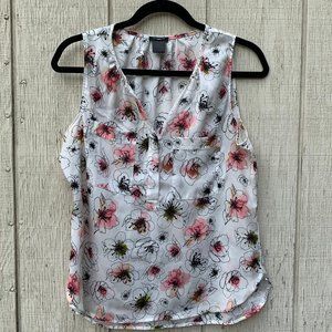 Ann Taylor White Floral Sleeveless Tank Top with Pink & Black Accents